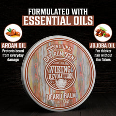 Viking Revolution bay rum beard balm tin delivering bold scent and light hold.