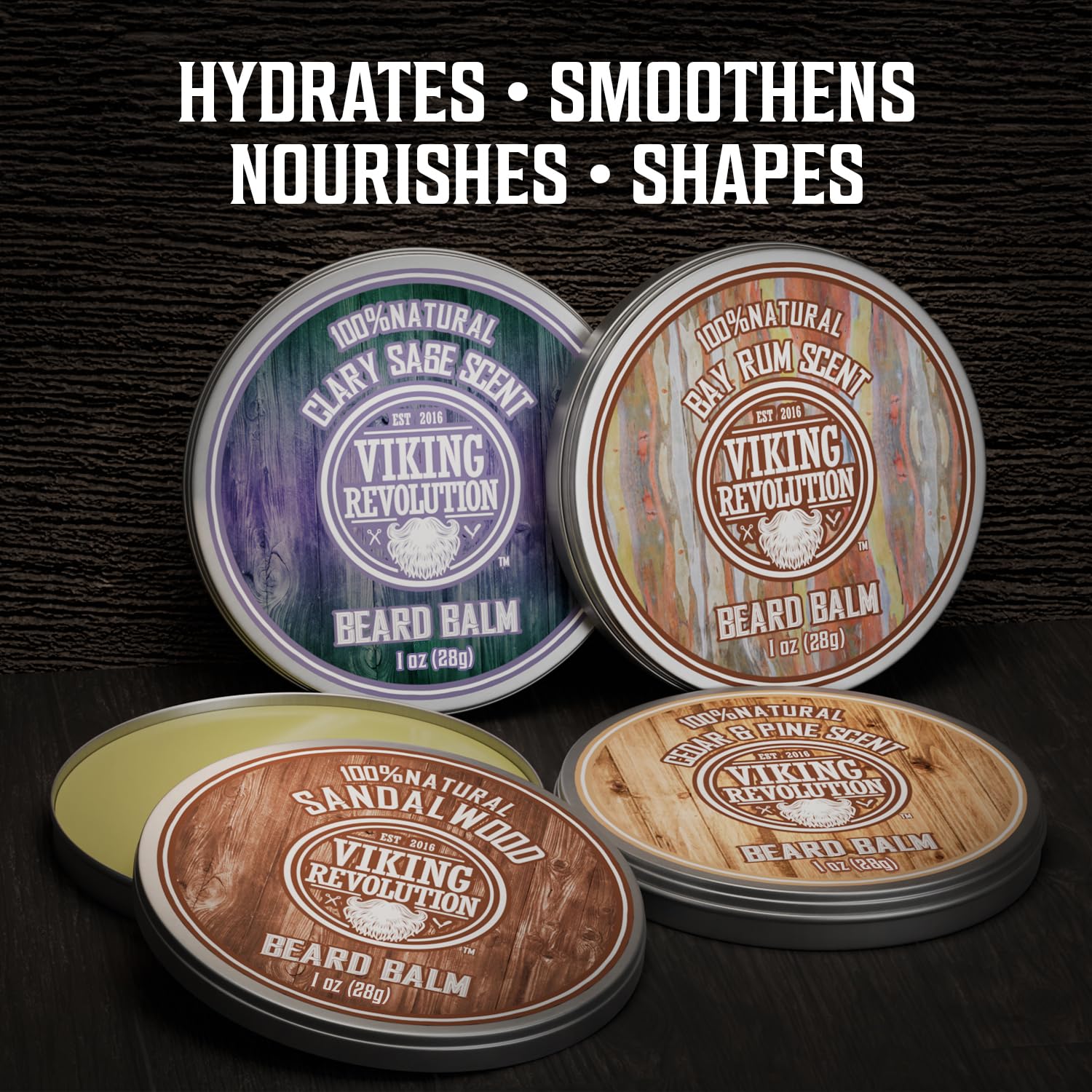 Viking Revolution pine and cedar beard balm tin for conditioning and fresh scent.