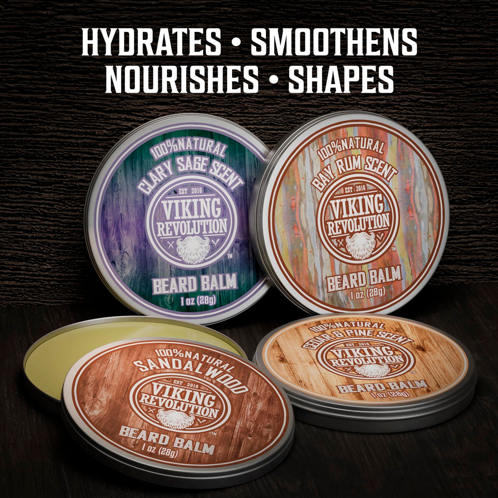 Viking Revolution pine and cedar beard balm tin for conditioning and fresh scent.