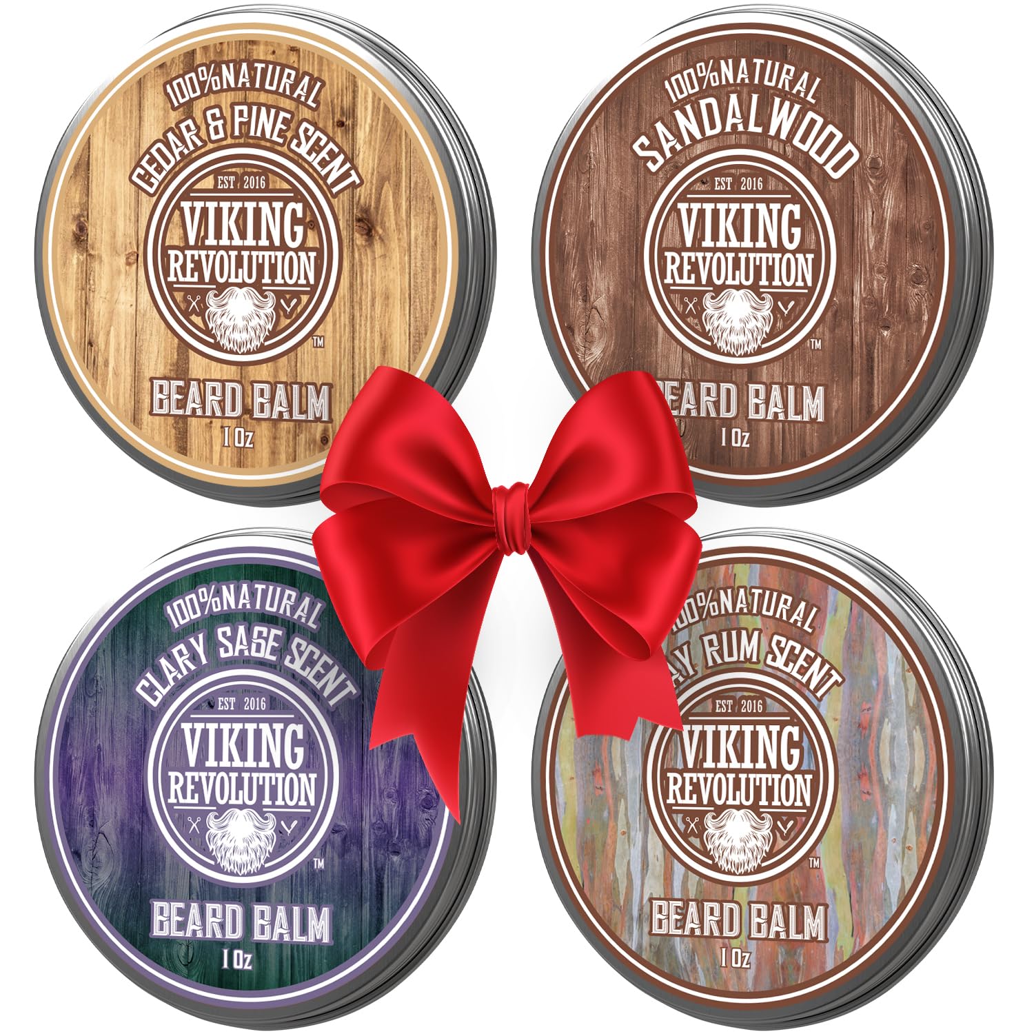 Viking Revolution sandalwood beard balm tin for smoothing and styling.