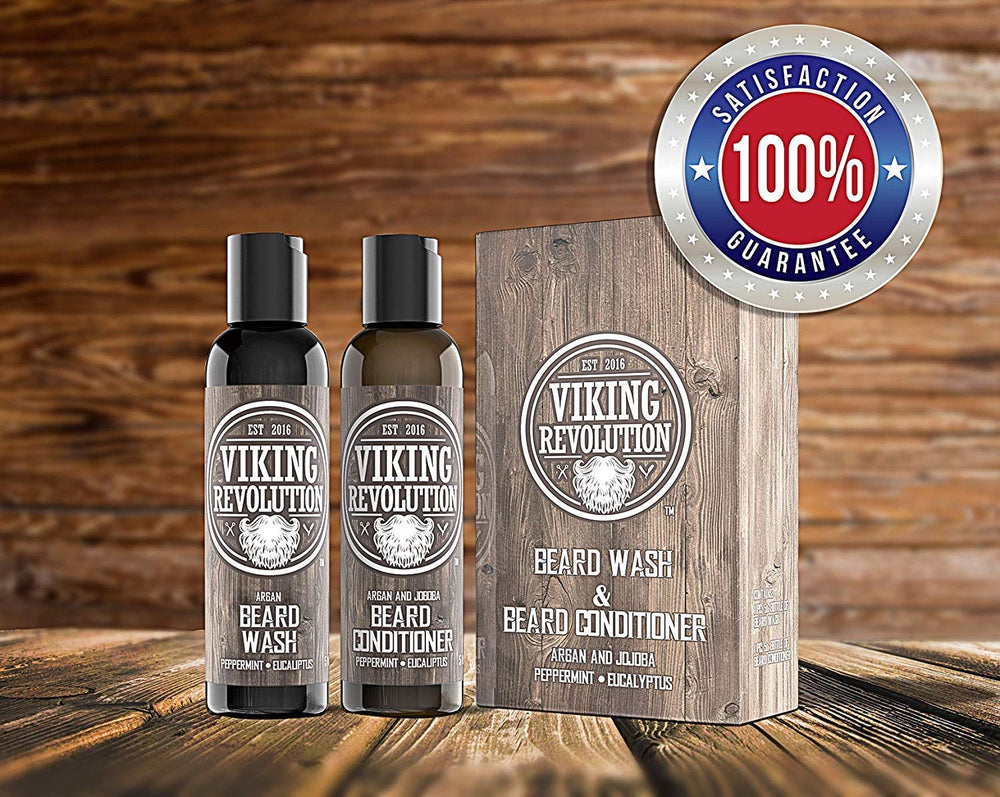 Viking Revolution closeup of beard care set with argan and jojoba oils