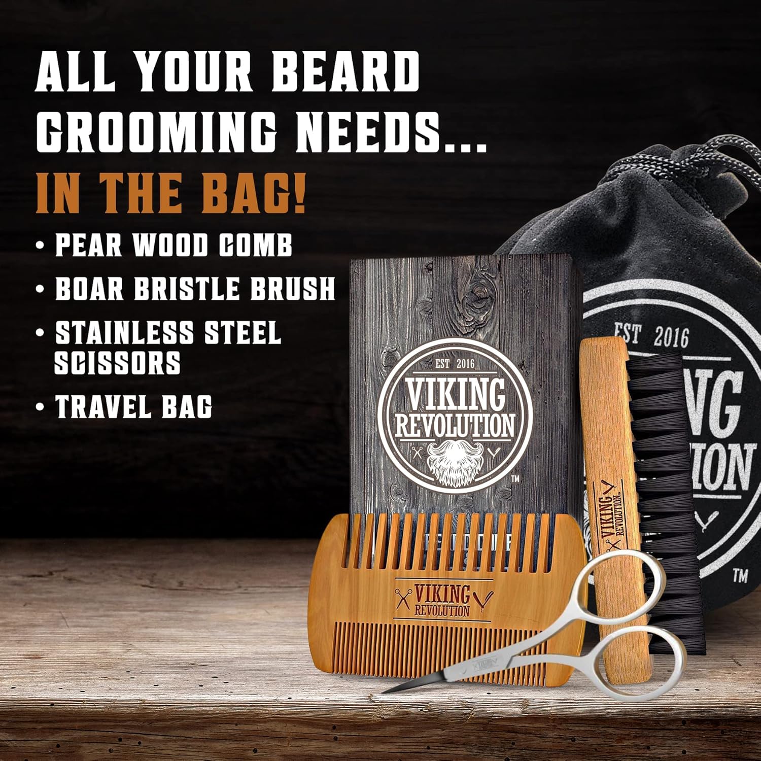Viking Revolution beard comb showing dual-action pear wood design for tangle-free styling