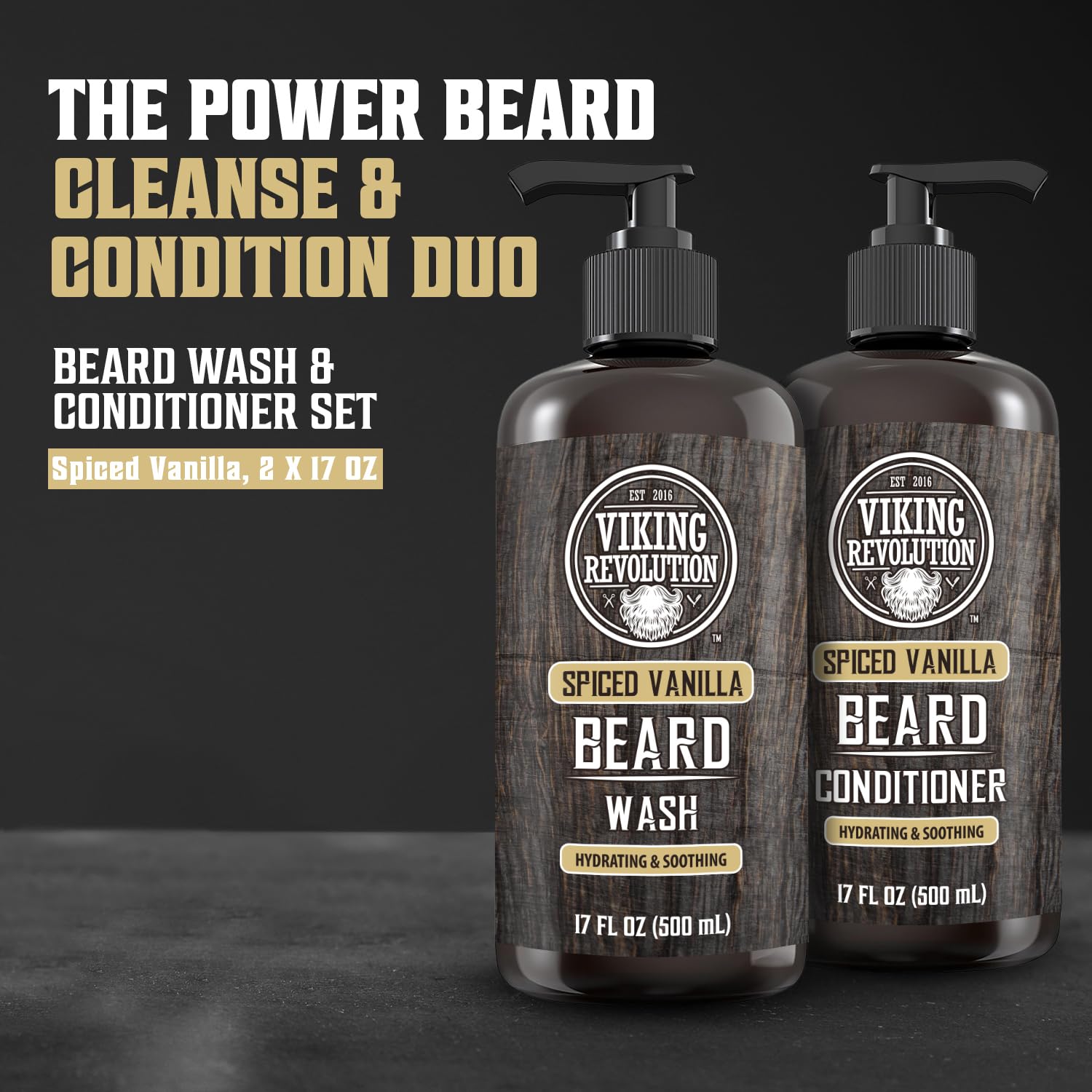 Viking Revolution beard conditioner bottle with spiced vanilla for soft, manageable beard.