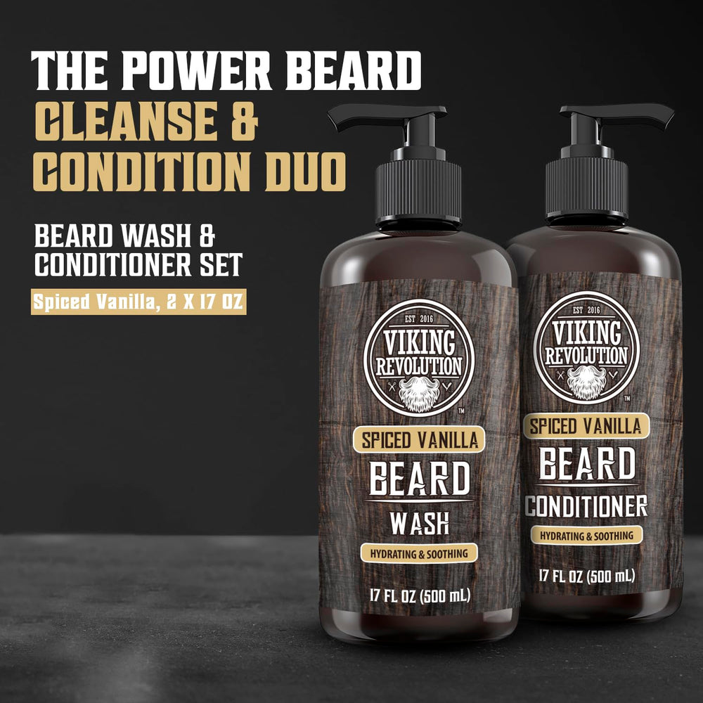Viking Revolution beard conditioner bottle with spiced vanilla for soft, manageable beard.