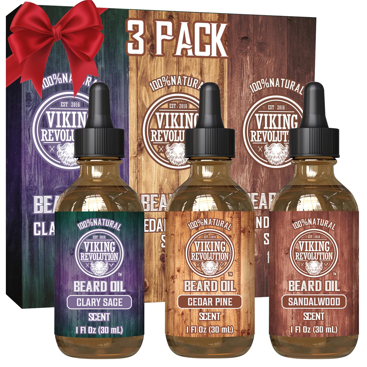 Viking Revolution 3-pack beard oil box—gift-ready premium packaging.