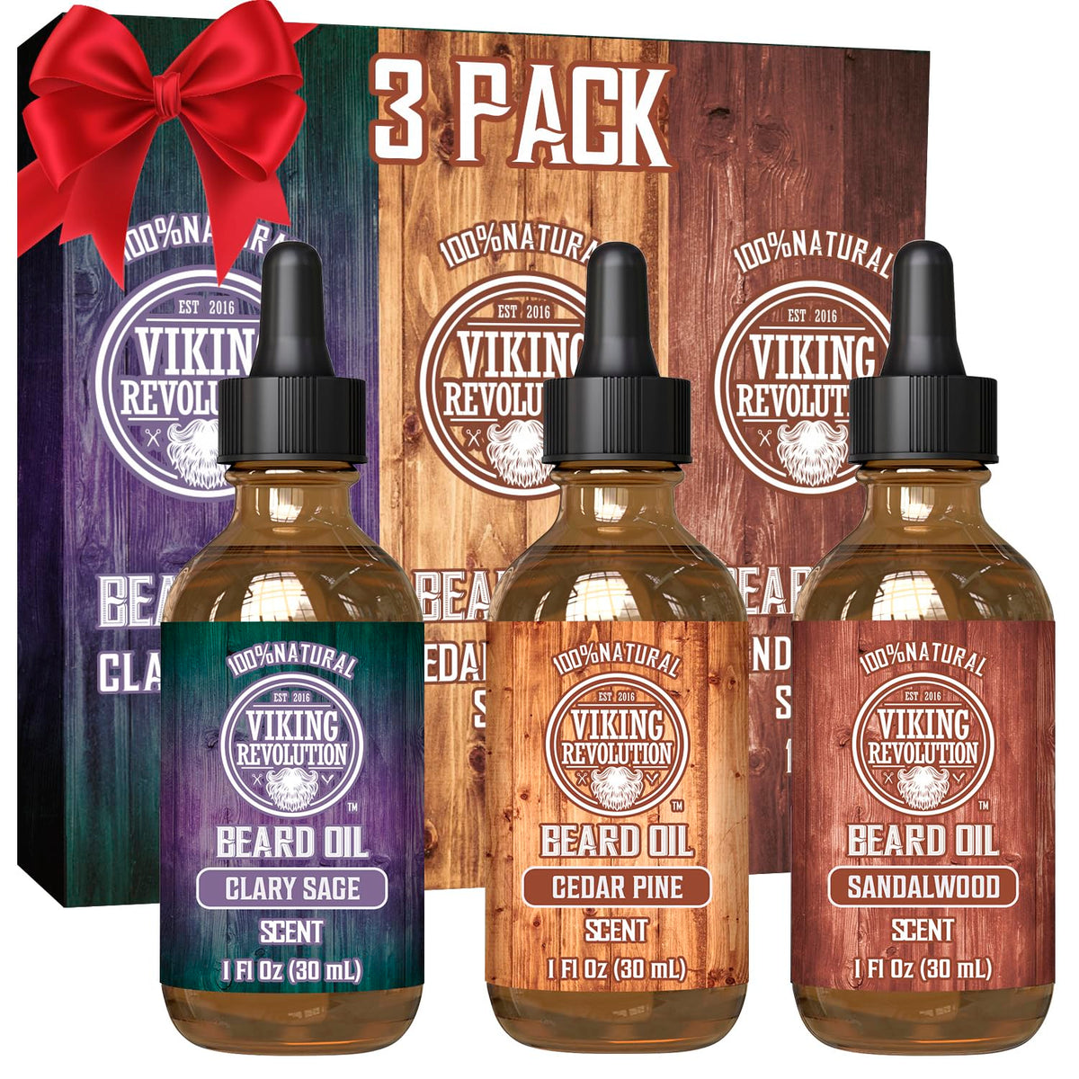 Viking Revolution 3-pack beard oil box—gift-ready premium packaging.