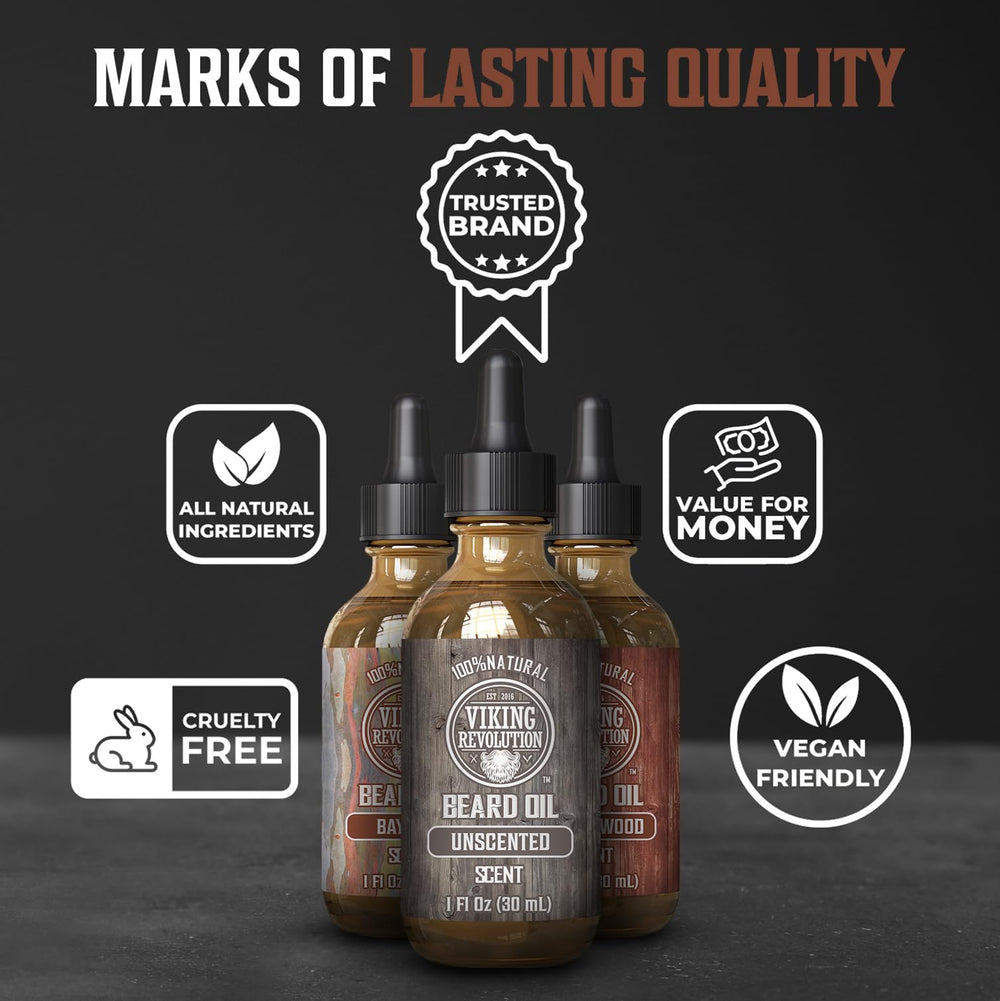 Viking Revolution beard oil application-wood-hands close-up shows quick absorption.