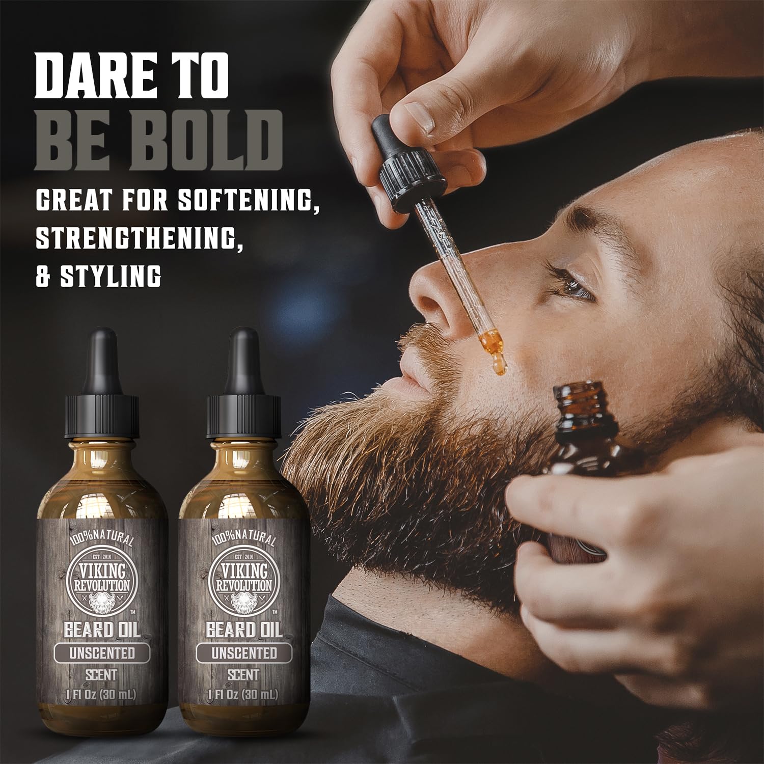 Viking Revolution beard oil apply drops bottle promotes smooth and frizz-free beard
