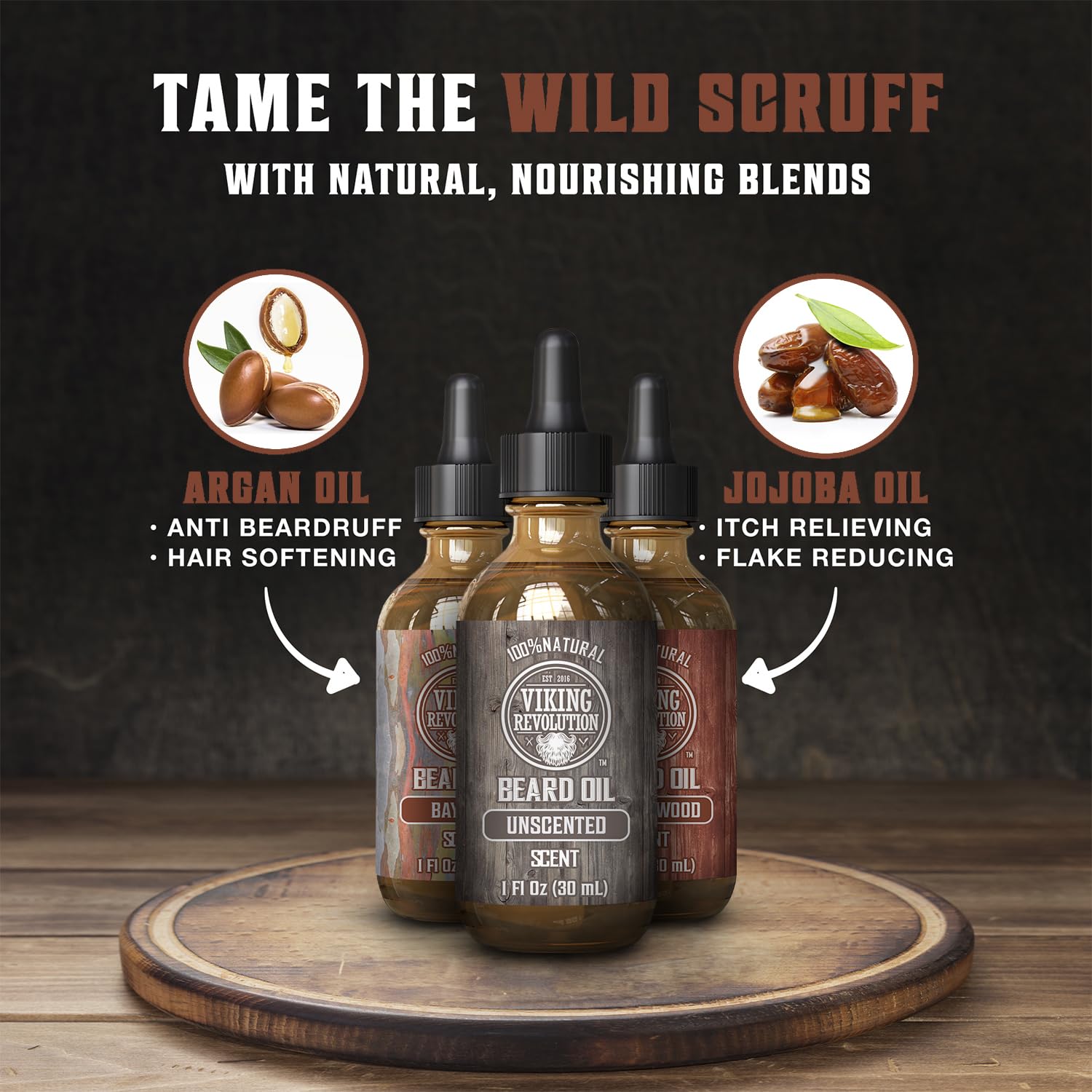 Viking Revolution beard oil bay rum bottle pour provides subtle scent while conditioning.
