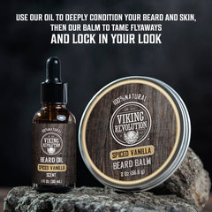 Viking Revolution beard oil bottle—nourishes skin and hair with a light, non-greasy feel