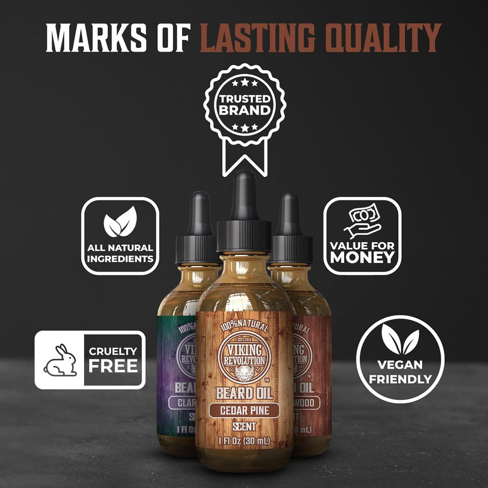 Viking Revolution beard oil drops in palm—easy application and even distribution.