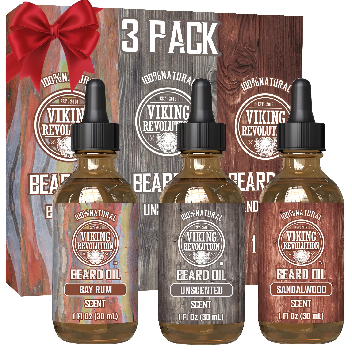 Viking Revolution beard oil sandalwood bottle pour improves manageability and scent control.