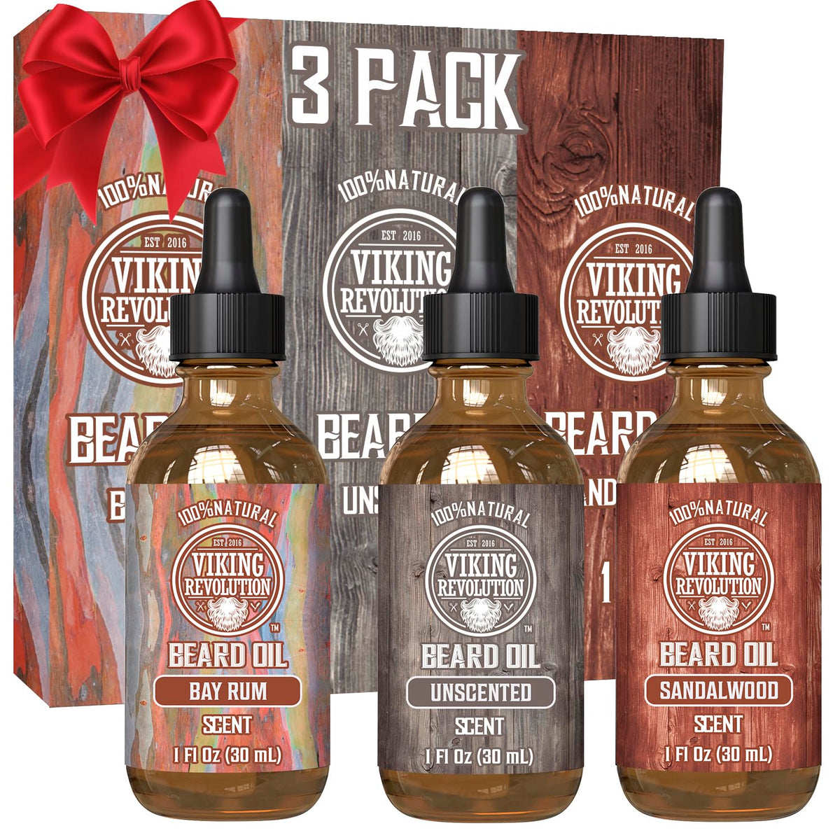 Viking Revolution beard oil sandalwood bottle pour improves manageability and scent control.