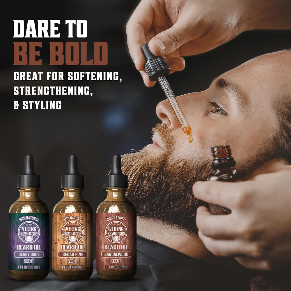 Viking Revolution sandalwood beard oil bottle—silky conditioning for daily grooming.