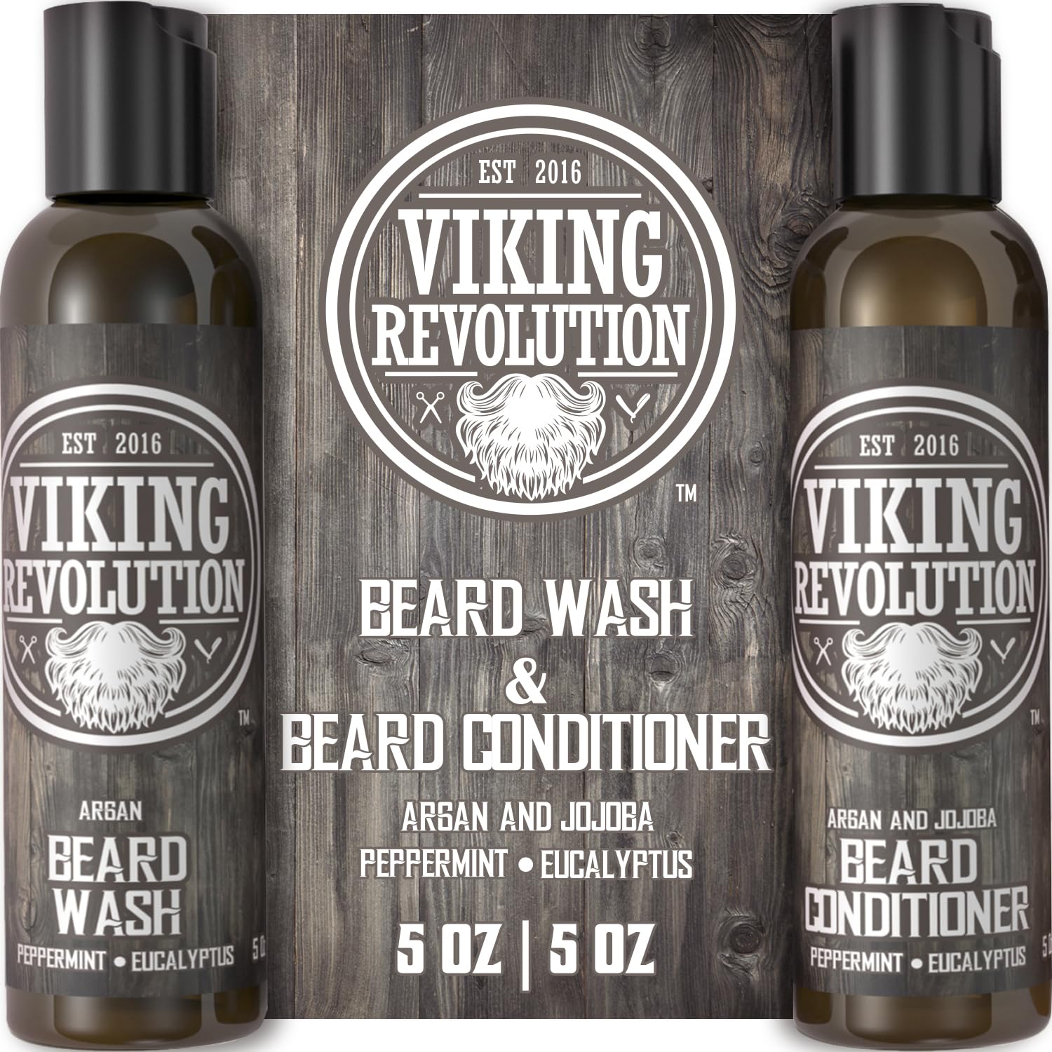 Viking Revolution beard set packaging showcasing premium grooming kit for easy routine