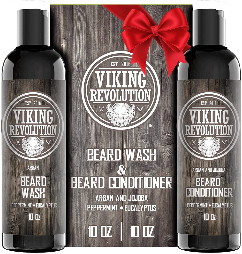 Viking Revolution beard shampoo bottle pouring rich lather for clean beard