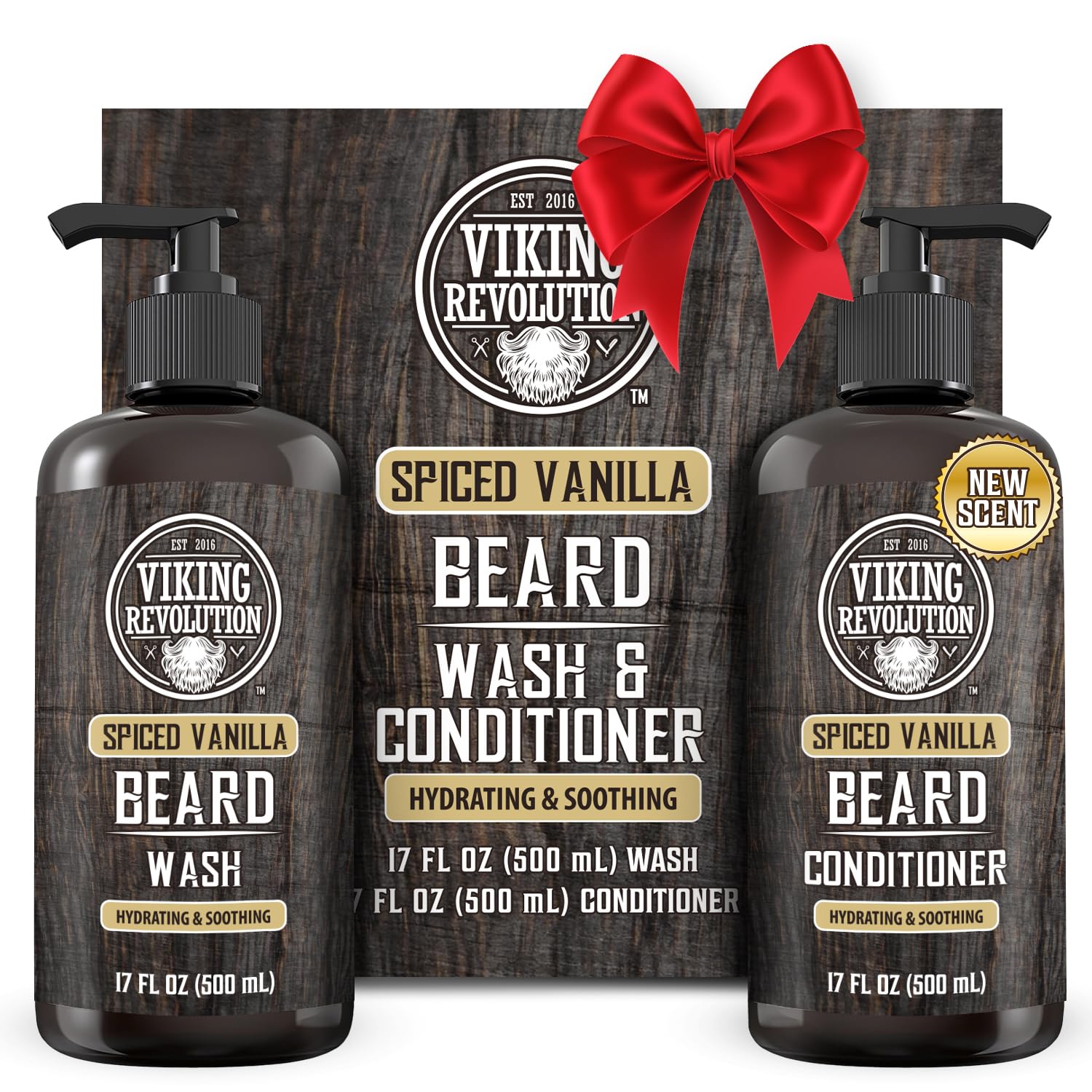 Viking Revolution beard wash bottle with spiced vanilla for deep cleansing.