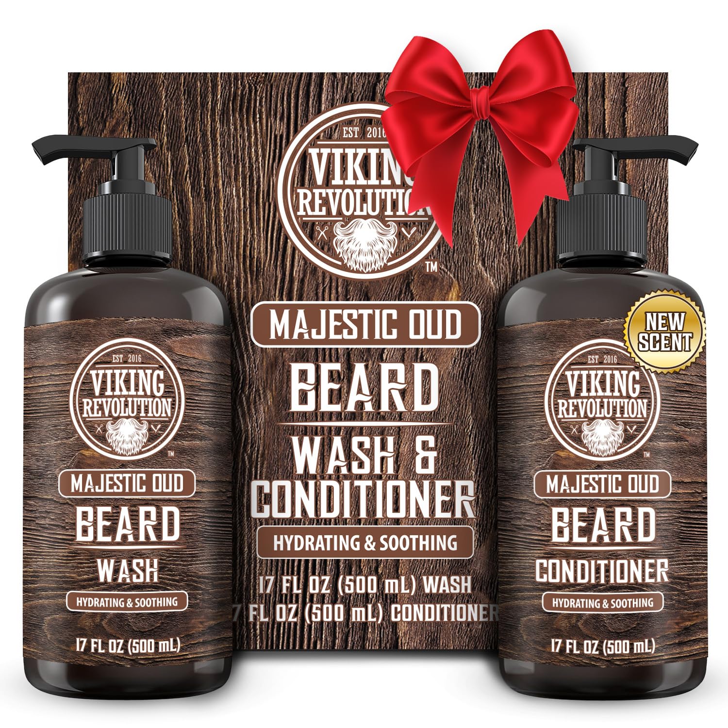 Viking Revolution beard wash bottle promotes clean, hydrated beard care.