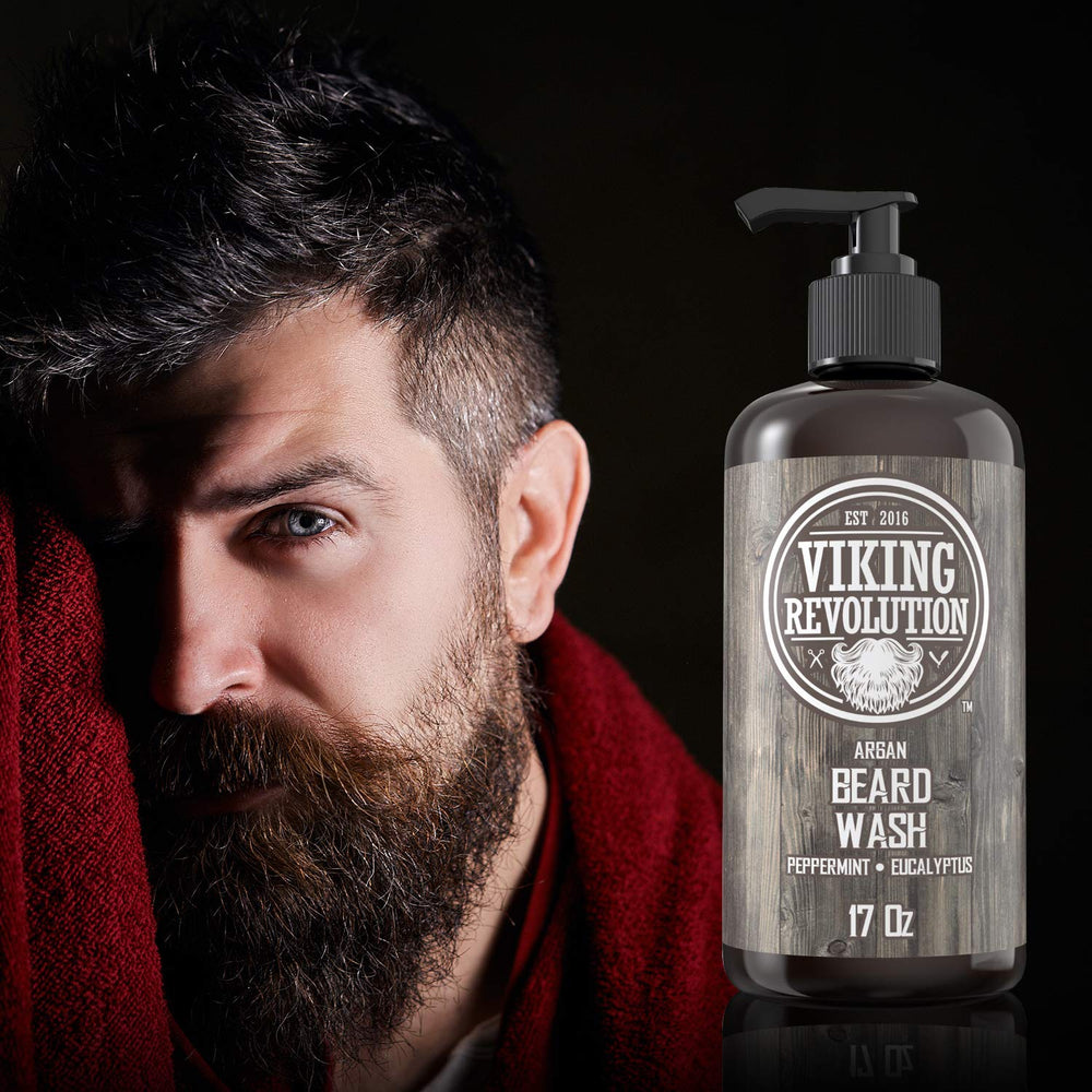 Viking Revolution Beard Wash gently softens beard hairs for smoother feel.