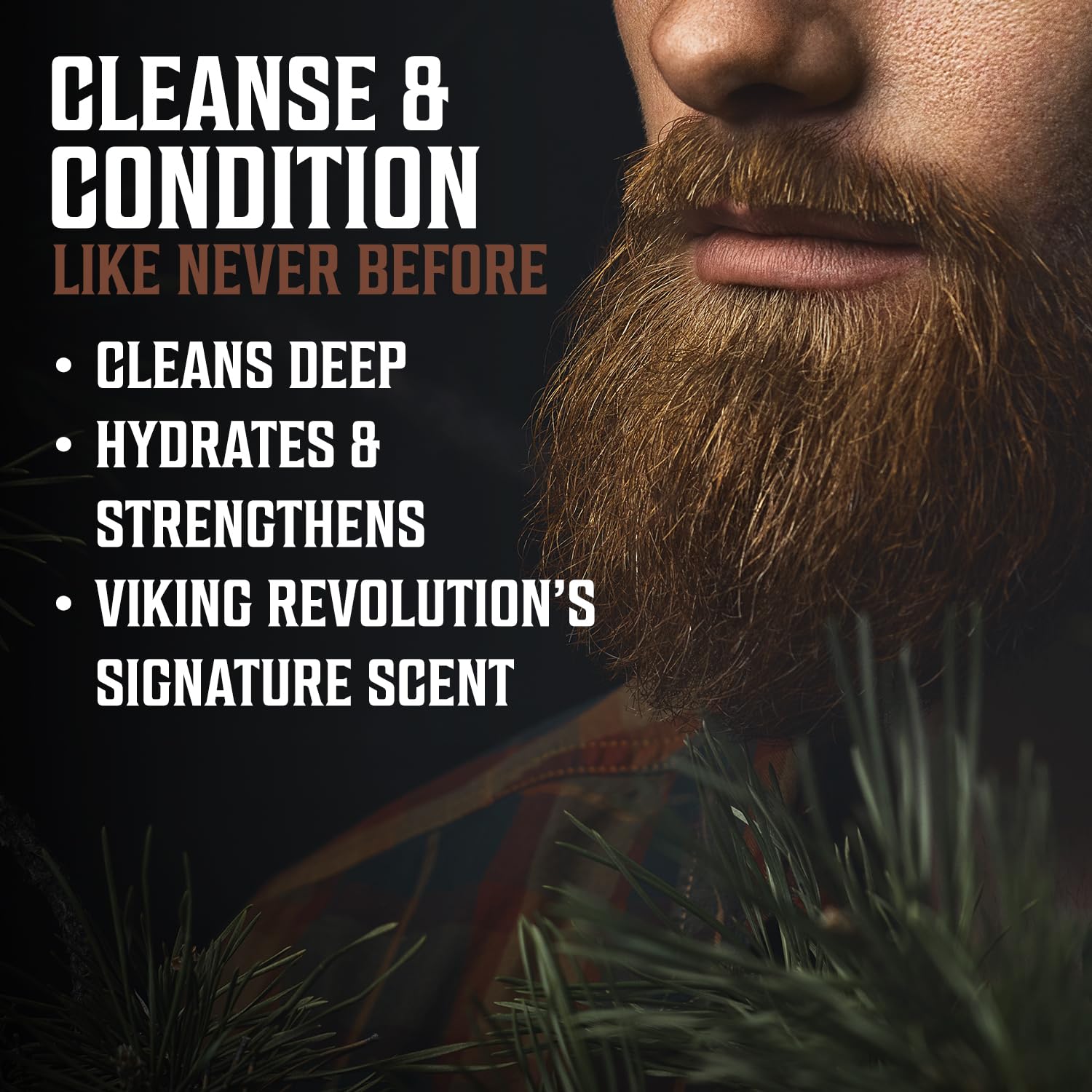 Viking Revolution beard wash sudsy foam on beard illustrates cleansing and moisturizing action