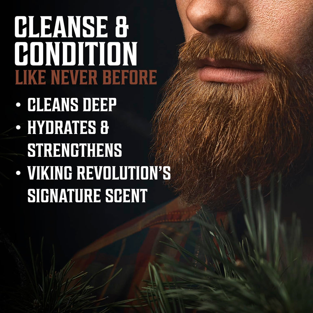 Viking Revolution beard wash sudsy foam on beard illustrates cleansing and moisturizing action