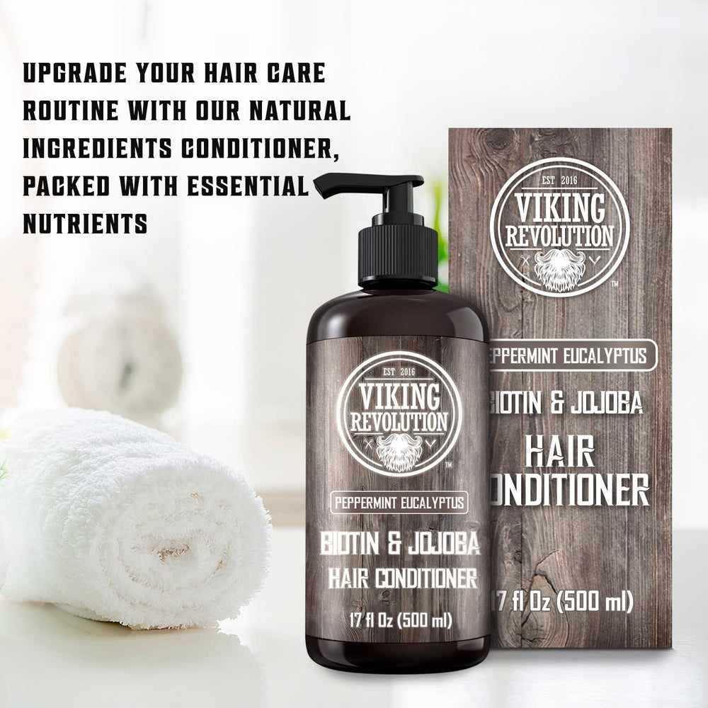 Viking Revolution Biotin conditioner packaging photo emphasizes value and color-safe formula.