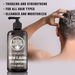 Viking Revolution Biotin conditioner in shower scene suggests easy daily use and refreshing aroma.