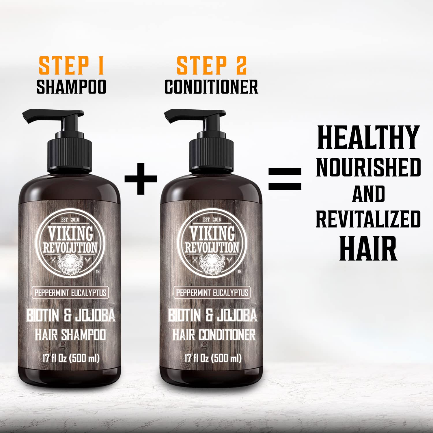 Back label of Viking Revolution Biotin shampoo with easy-pump directions