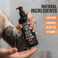 Viking Revolution Coffee Whiskey Body Wash pump in action for easy use.