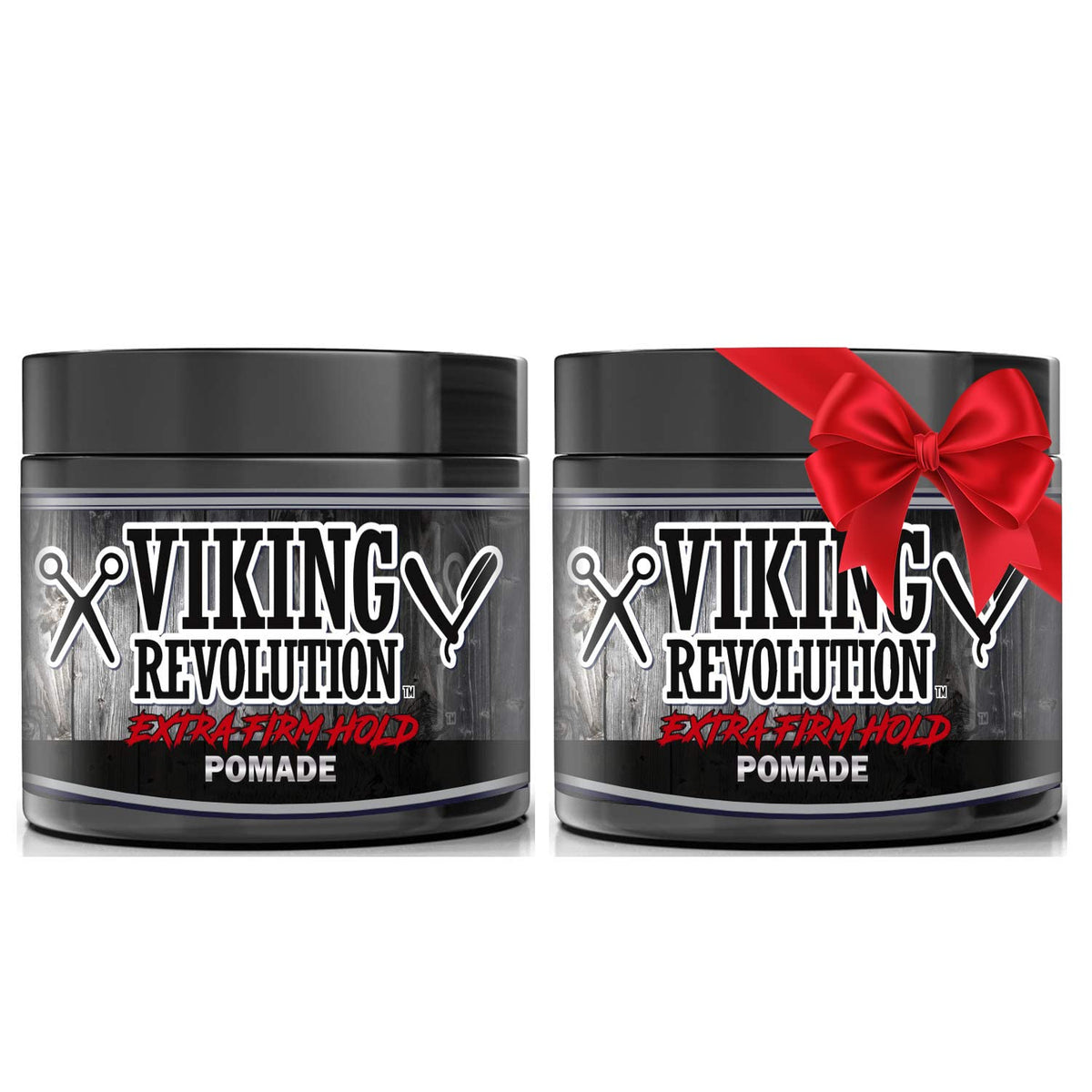 Viking Revolution Extreme Hold Pomade bottle closeup highlights strong hold for modern hairstyles.