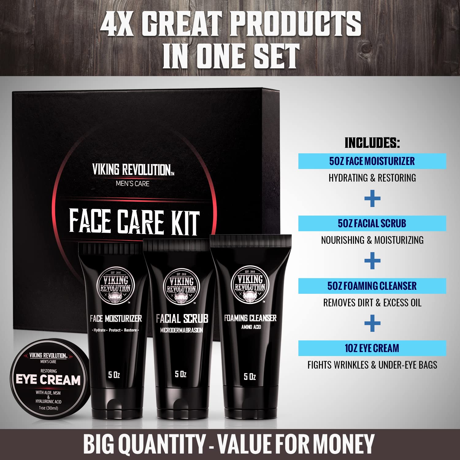 Viking Revolution eye cream tube demonstrates refreshed, awake-looking eyes.