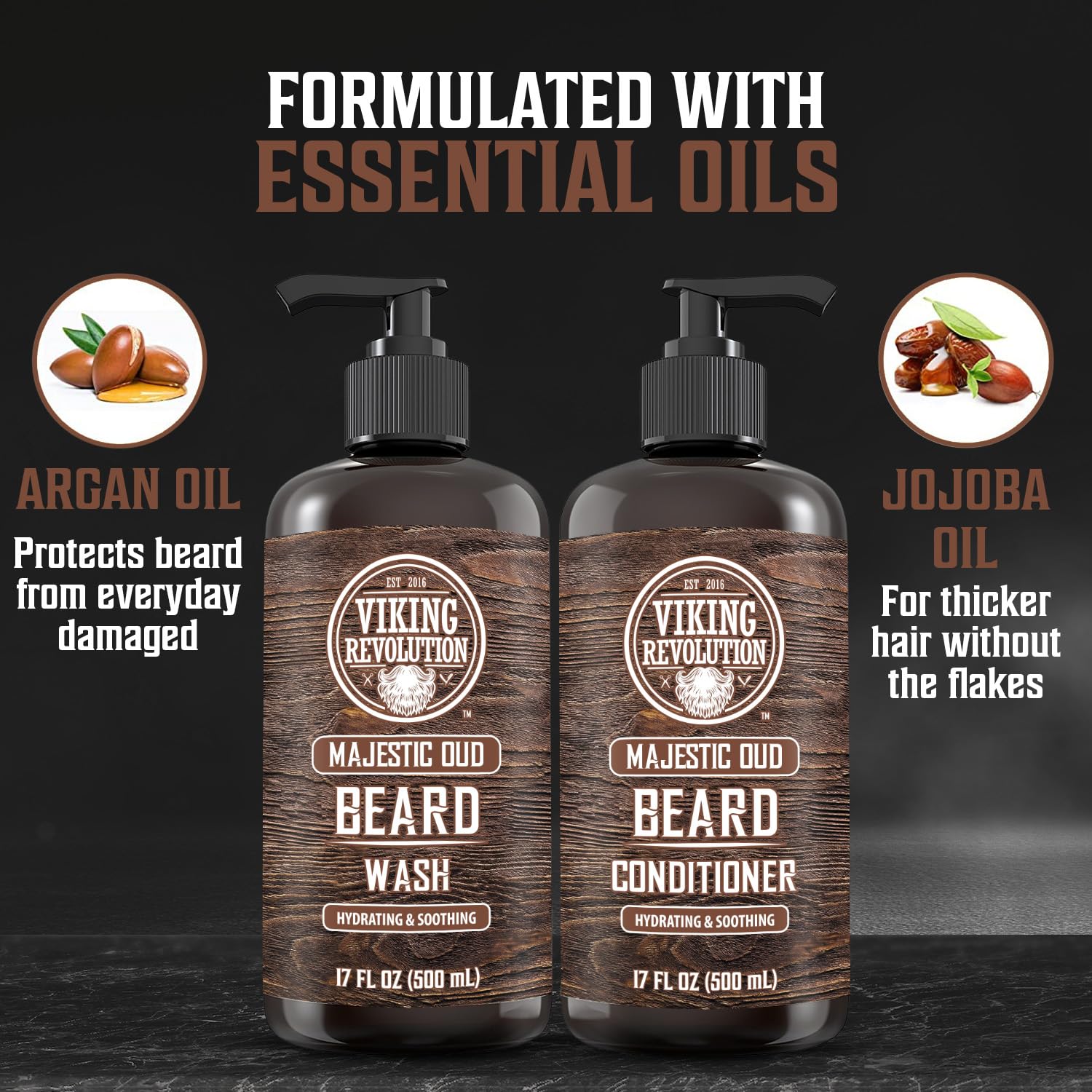 Viking Revolution jojoba oil drop emphasizes lightweight conditioning and skin hydration.