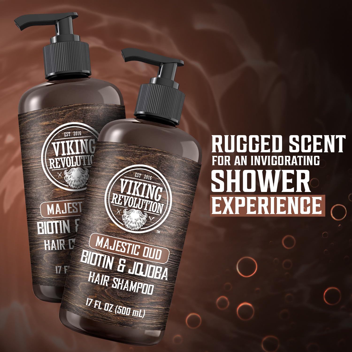 Viking Revolution Majestic Oud Conditioner rinse image highlights softness and manageability.