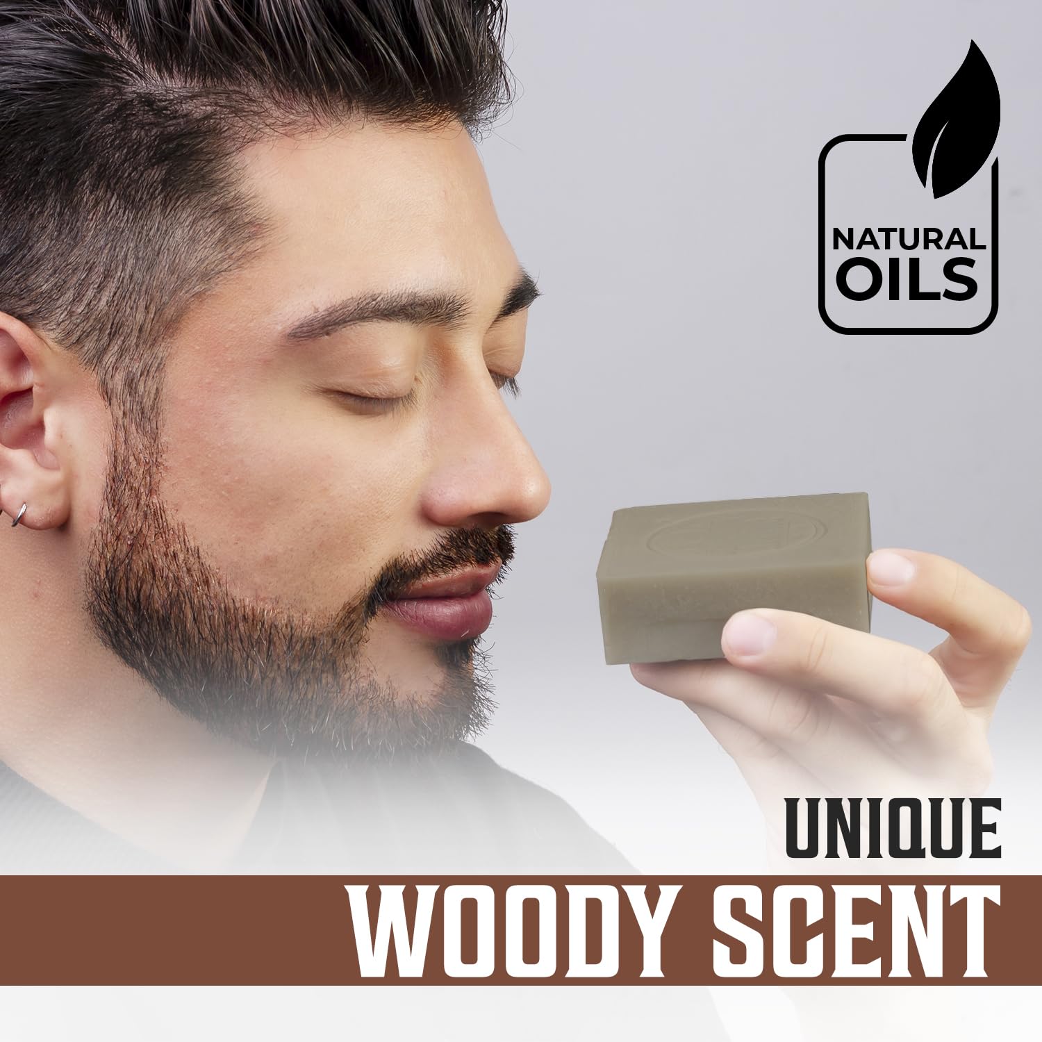 Viking Revolution men soap with woodsy scent shown in shower setting.