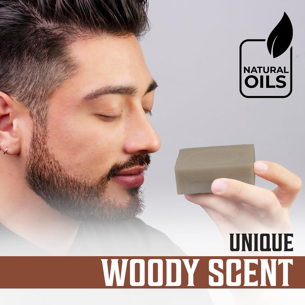 Viking Revolution men soap with woodsy scent shown in shower setting.