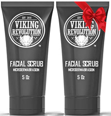 Viking Revolution Microdermabrasion Face Scrub bottle highlighting deep cleansing for men's skin and a smoother shave