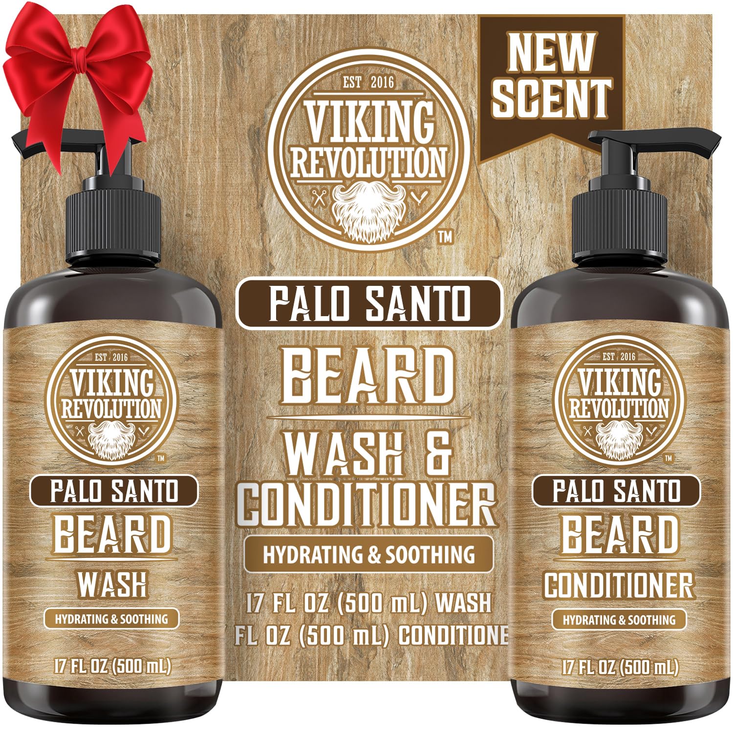 Viking Revolution Palo Santo beard wash bottle highlighting refreshing cleanse for healthier beard
