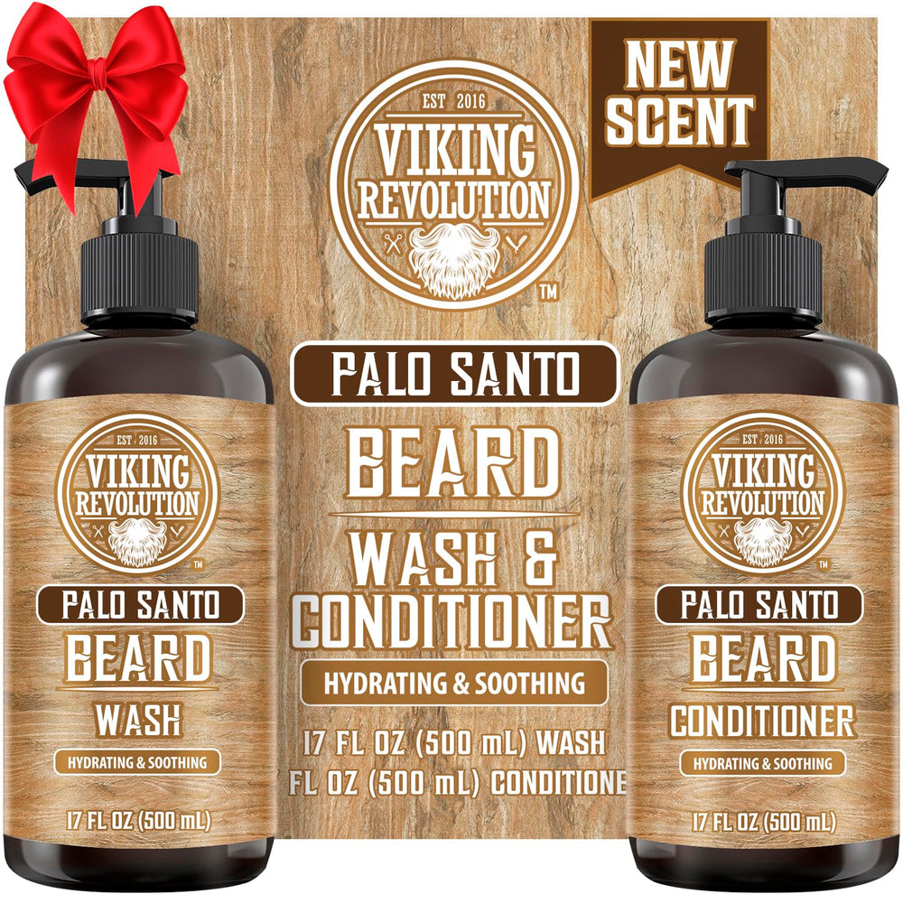 Viking Revolution Palo Santo beard wash bottle highlighting refreshing cleanse for healthier beard