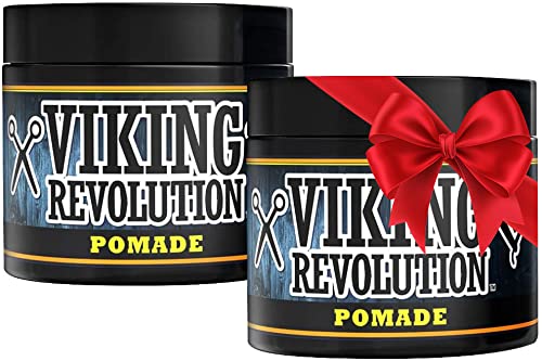 Viking Revolution pomade jar close-up showing strong hold for versatile styling.