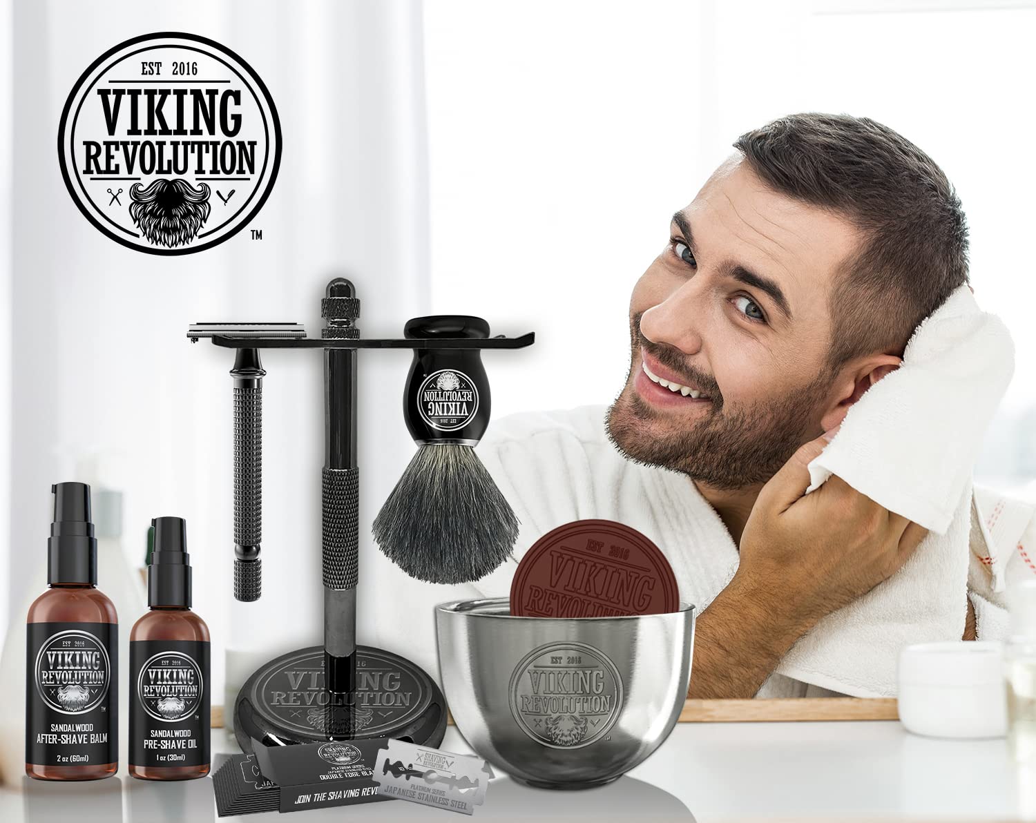 Viking Revolution pre-shave oil preps skin for comfortable shaving.