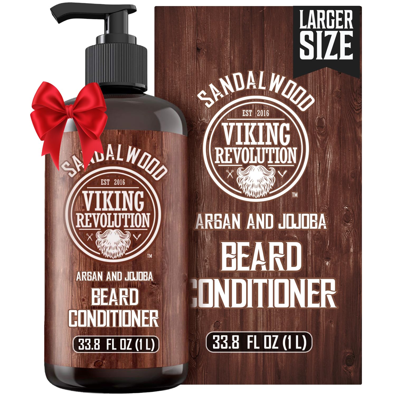 Viking Revolution sandalwood beard conditioner bottle demonstrating hydrating formula for a softer beard.