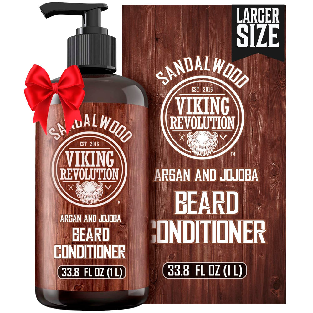 Viking Revolution sandalwood beard conditioner bottle demonstrating hydrating formula for a softer beard.