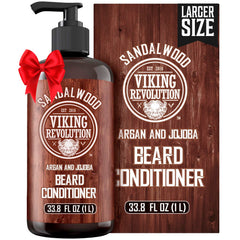 Viking Revolution sandalwood beard conditioner bottle demonstrating hydrating formula for a softer beard.