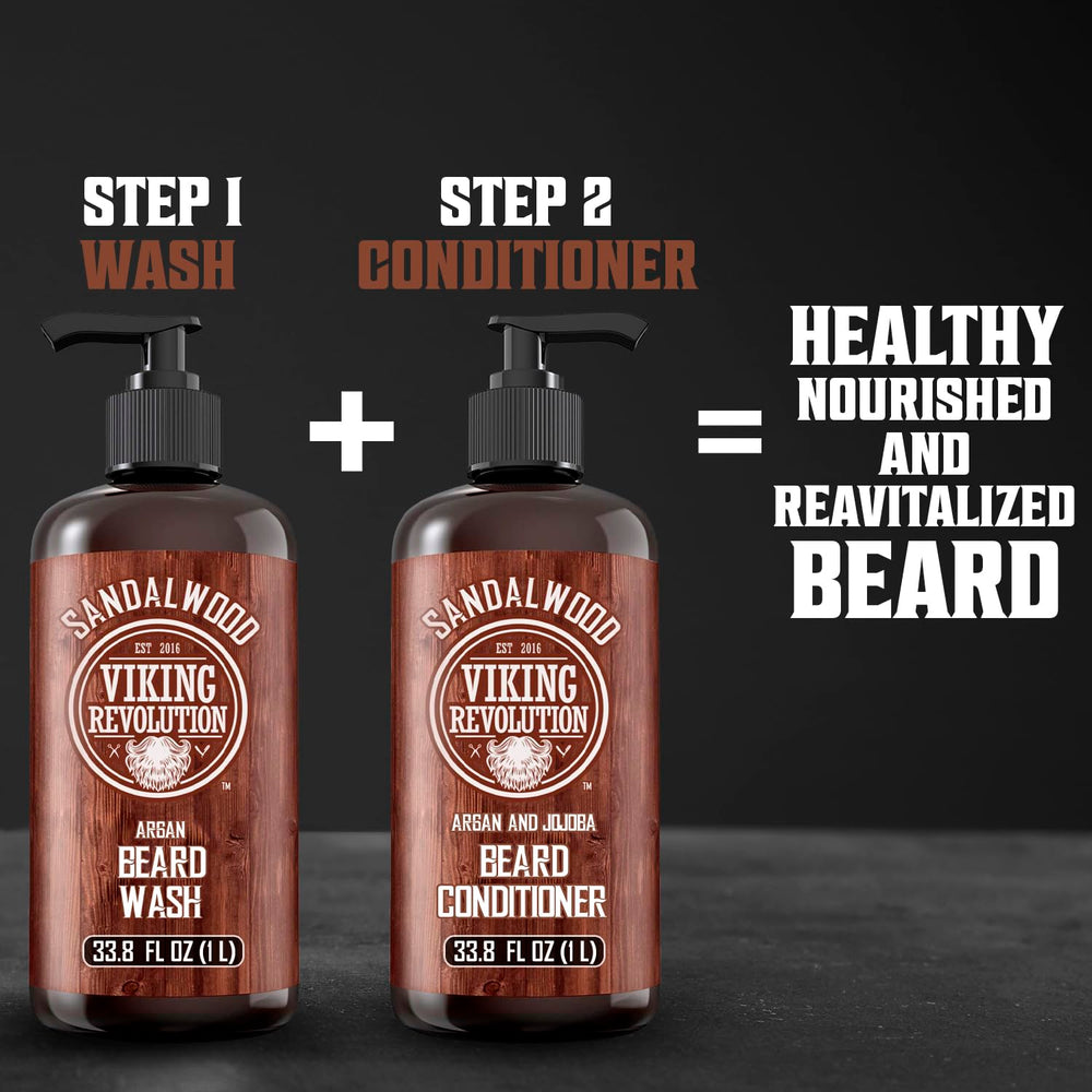 Viking Revolution sandalwood beard conditioner packaging highlighting its size.