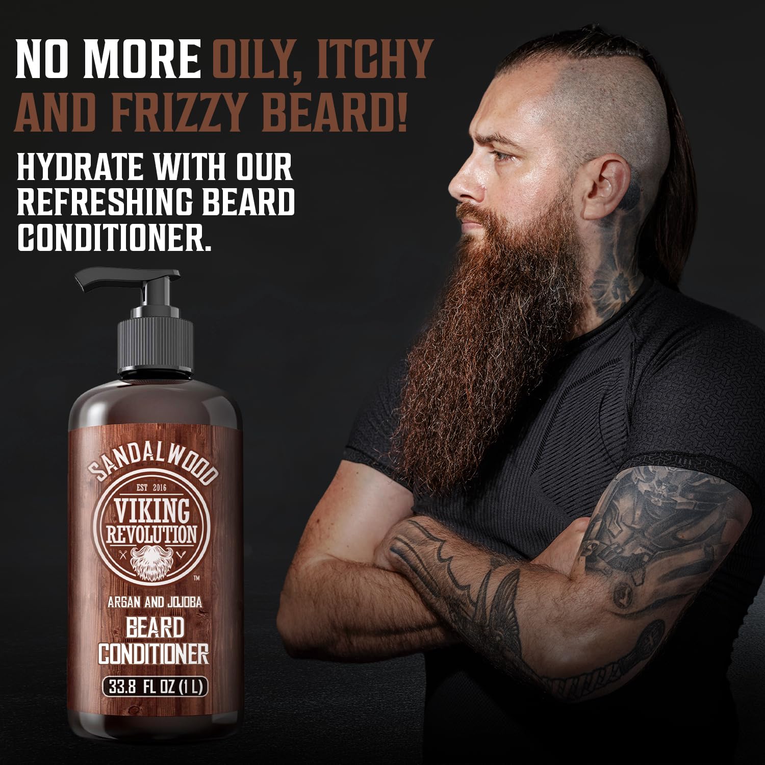 Viking Revolution sandalwood beard conditioner pump-top for easy, even application.