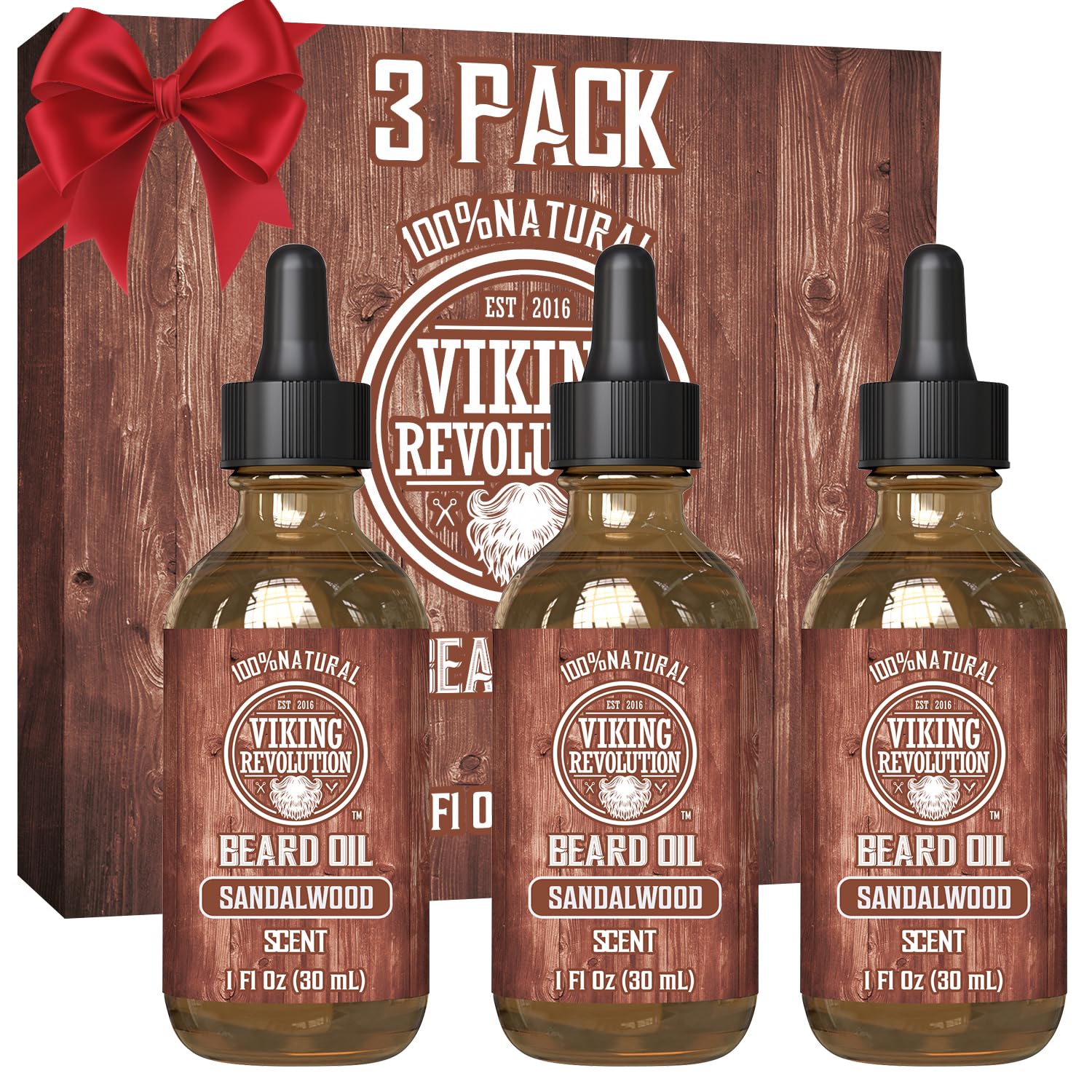Viking Revolution sandalwood beard oil bottle shows natural formula for smoother facial hair