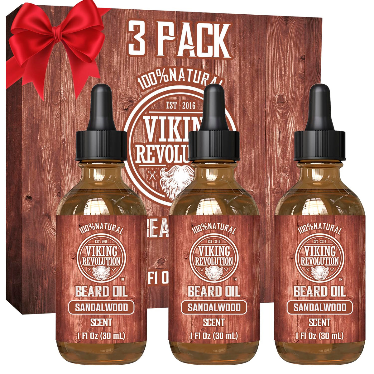 Viking Revolution sandalwood beard oil bottle shows natural formula for smoother facial hair