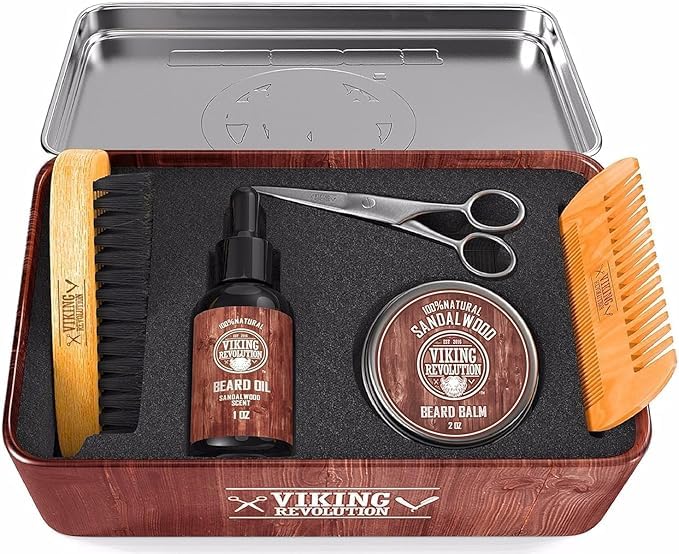 Viking Revolution sandalwood beard oil bottle with fragrance and conditioning benefits.