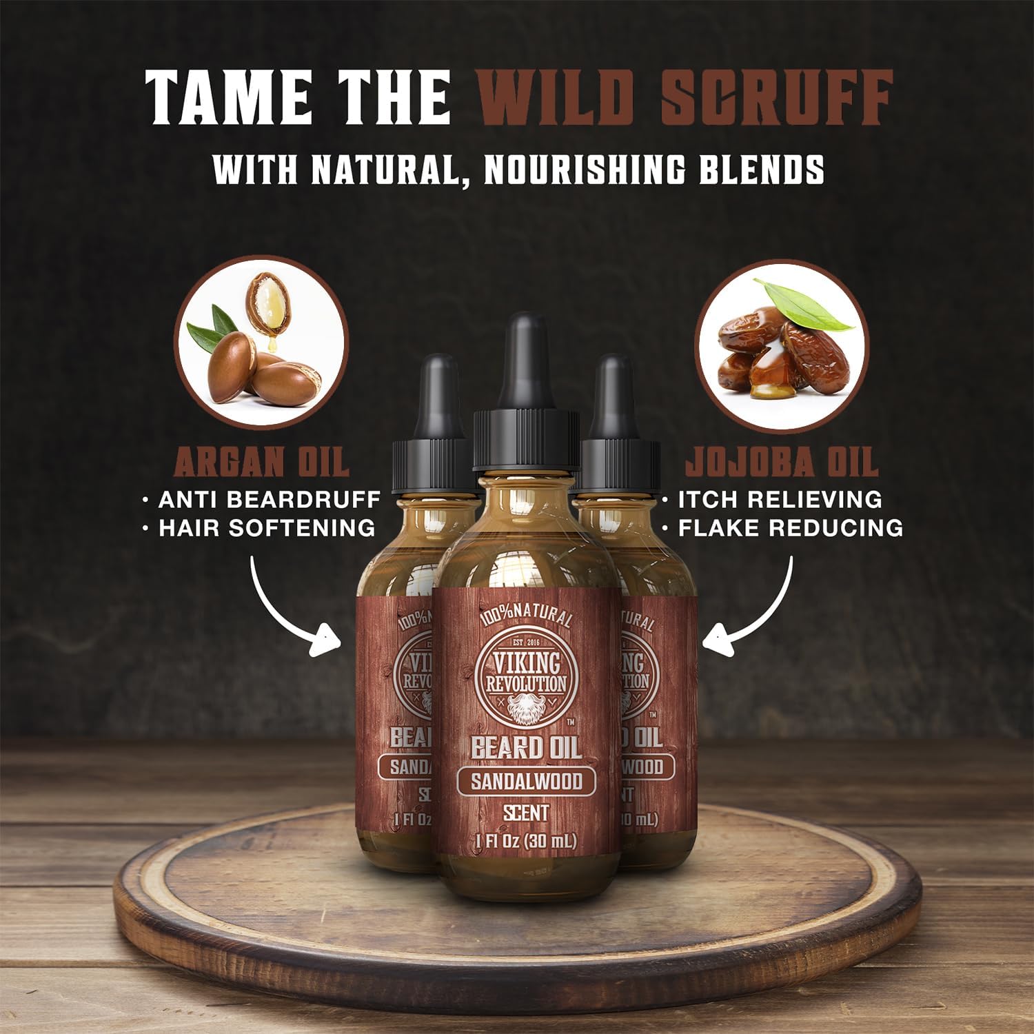 Viking Revolution sandalwood beard oil close-up reveals argan and jojoba oils