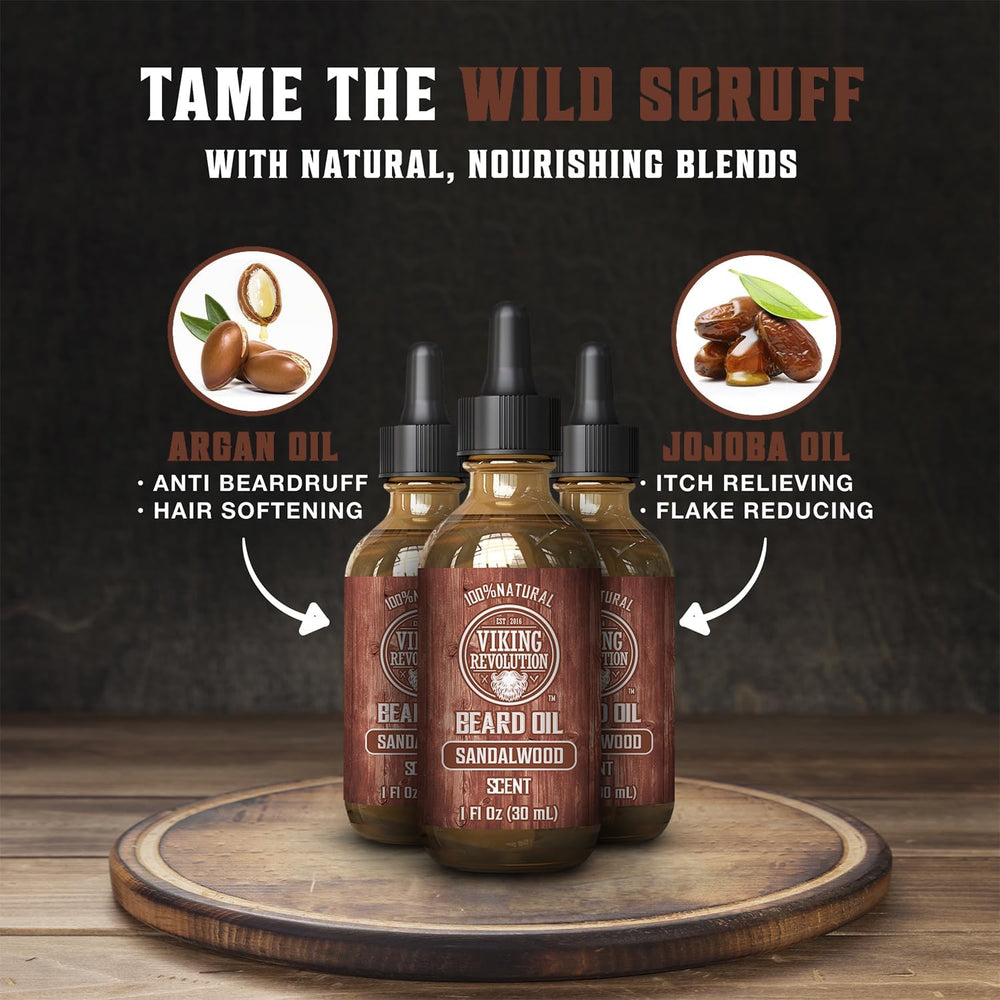 Viking Revolution sandalwood beard oil close-up reveals argan and jojoba oils